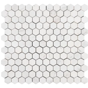 Volakas marble hexagon mosaic tile 1x1 honed finish seamless pattern white marble with gray veins