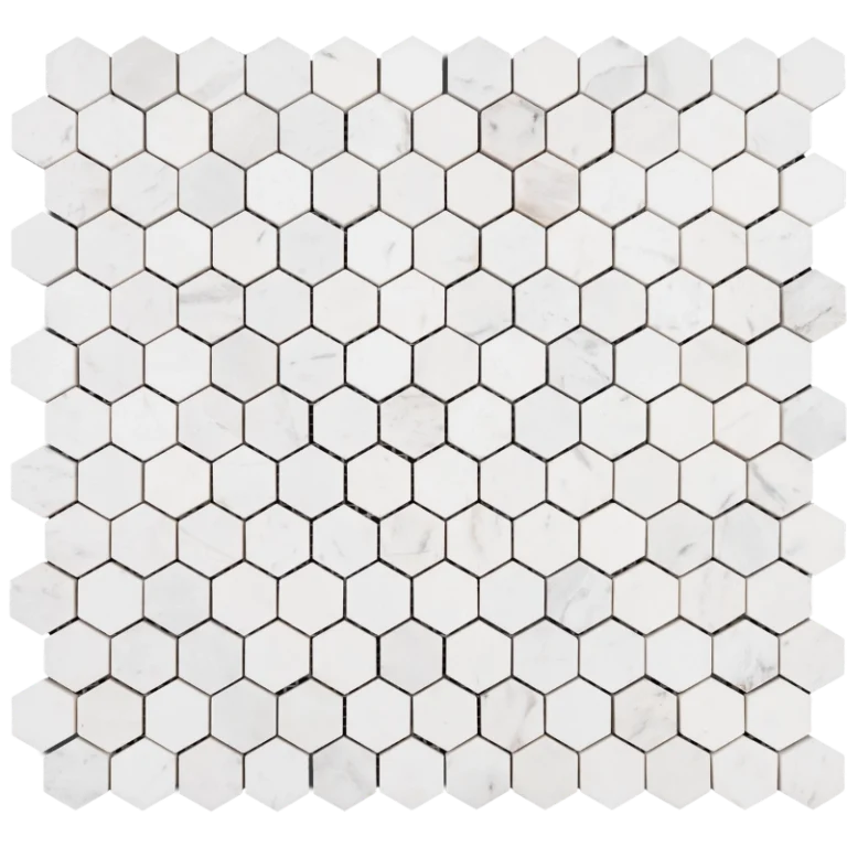Volakas marble hexagon mosaic tile 1x1 honed finish seamless pattern white marble with gray veins