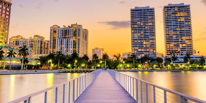 West Palm Beach Florida skyline near Palm Beach waterfront – service area of Stone Market USA mosaic tile supplier