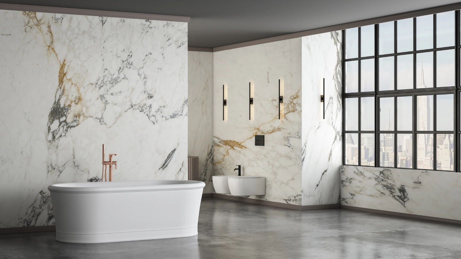 Luxury bathroom with large format marble look tiles