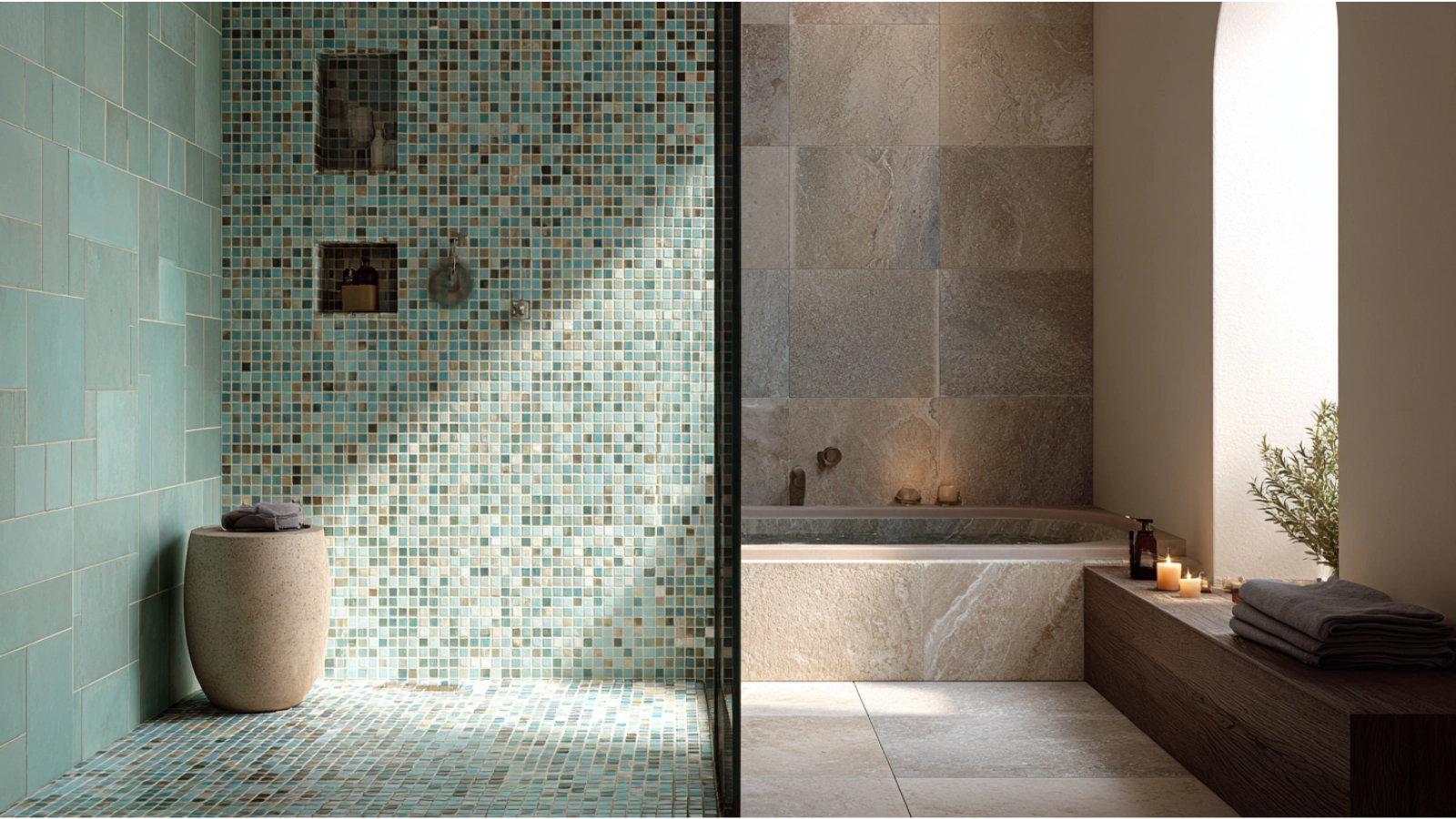 Mosaic tile vs large format tile bathroom comparison