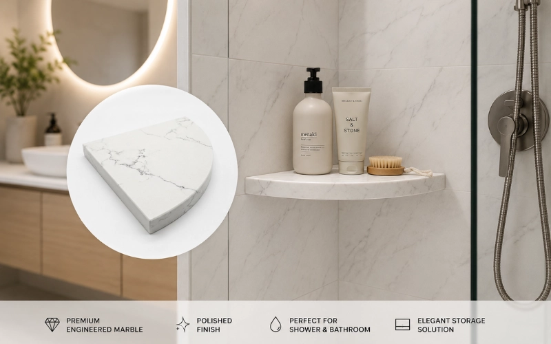 Snow White engineered marble corner shelf installed in a tiled shower for elegant bathroom storage