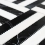 Close-Up of Alexandra Black Dolomite Noir Loft Linear Marble Mosaic Tile with Polished Black and White Natural Marble