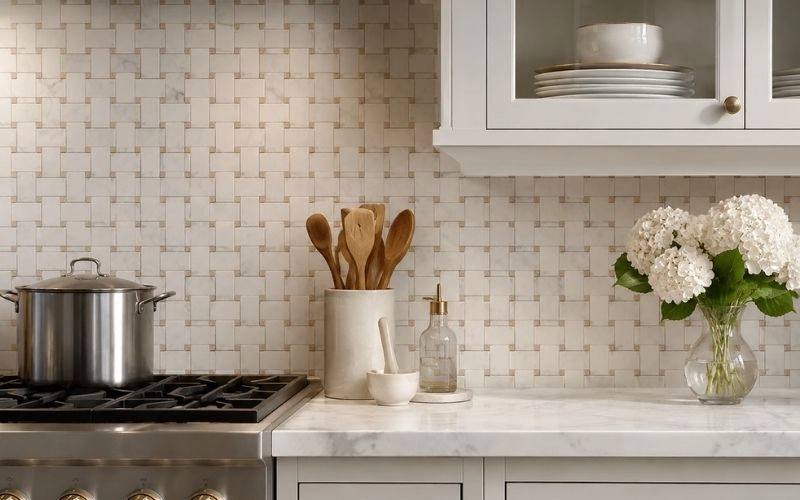Basketweave dolomite and marble mosaic tile installed as an elegant kitchen backsplash