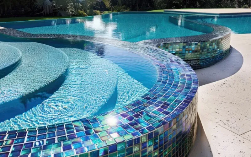 Deep blue glass pool tile for a luxury swimming pool waterline