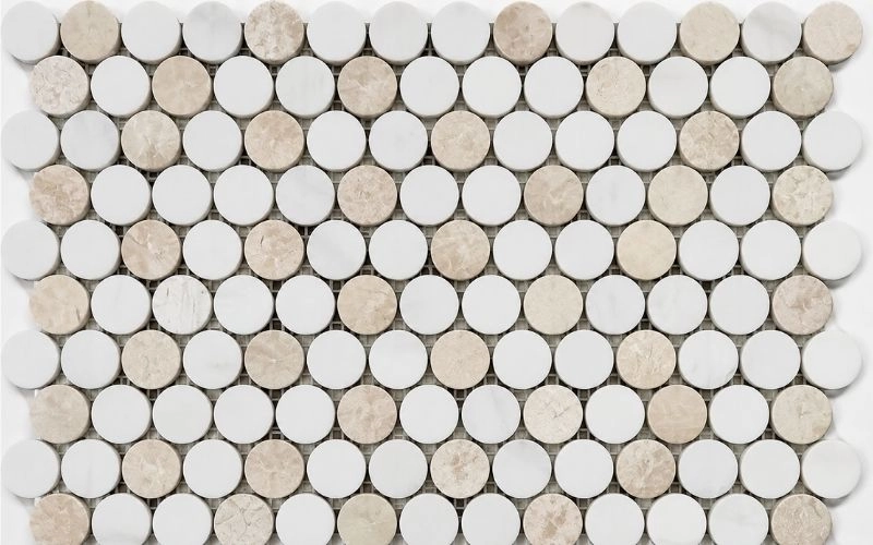 Dolomite and Royal Beige marble penny round mosaic tile with honed finish