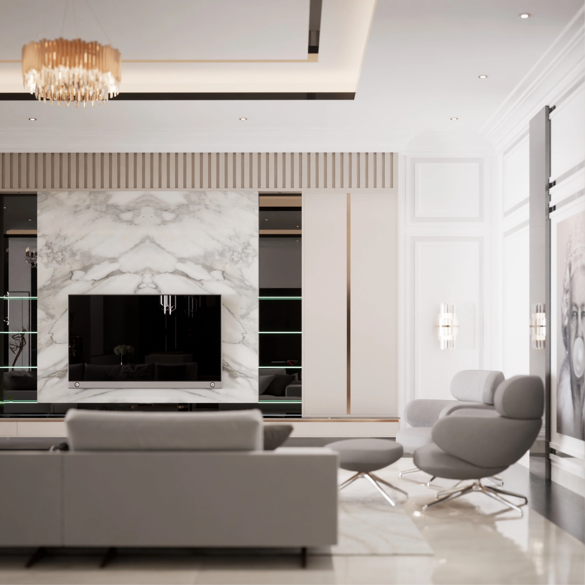 Luxury interior featuring premium beige stone and tile surfaces