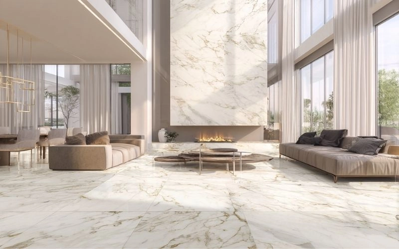 Luxury living room featuring premium natural marble flooring with elegant gray and warm beige veining.