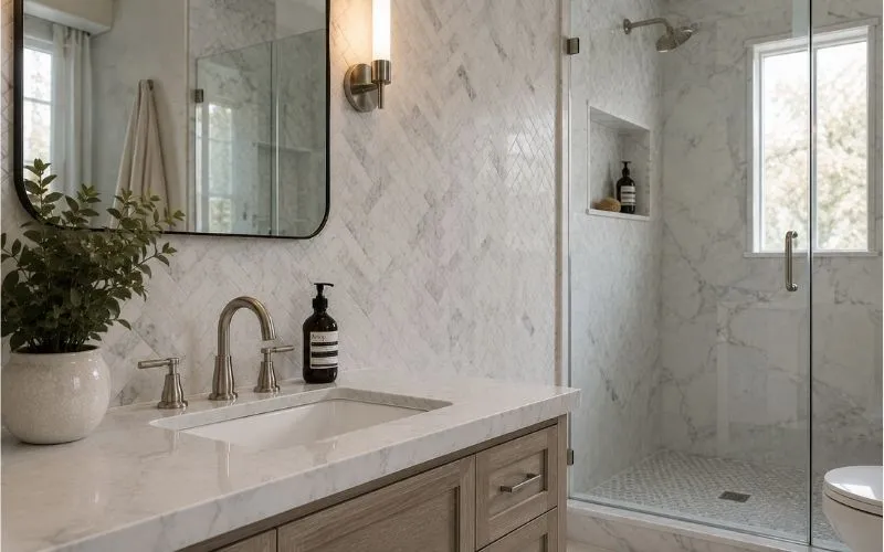 Luxury bathroom featuring natural marble herringbone mosaic tiles on the shower wall and vanity backsplash