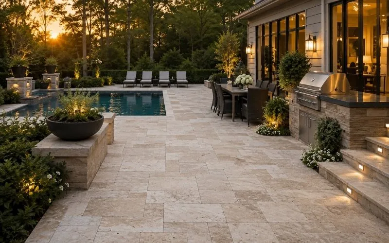 Luxury outdoor living space featuring premium natural stone pavers surrounding a swimming pool with an outdoor kitchen and landscaped patio
