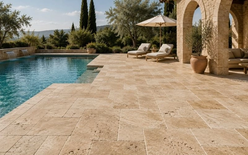 Luxury outdoor patio featuring premium natural travertine pavers surrounding a swimming pool with Mediterranean-inspired architecture