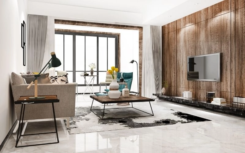 Modern living room featuring elegant white natural marble floor tiles with subtle veining
