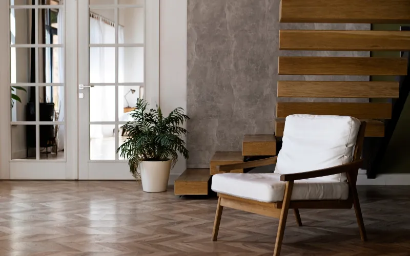 Luxury modern living room featuring premium wood-look tile flooring and contemporary interior design