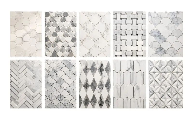 Collection of hexagon, penny round, arabesque, basket weave, herringbone and diamond tile patterns