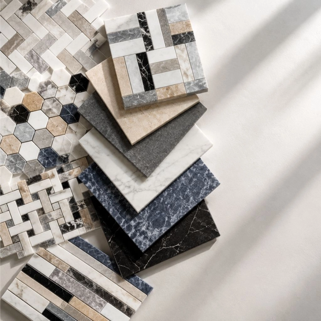 Premium mixed color marble mosaic and natural stone tile collection featuring white, beige, gray, black, and blue decorative patterns