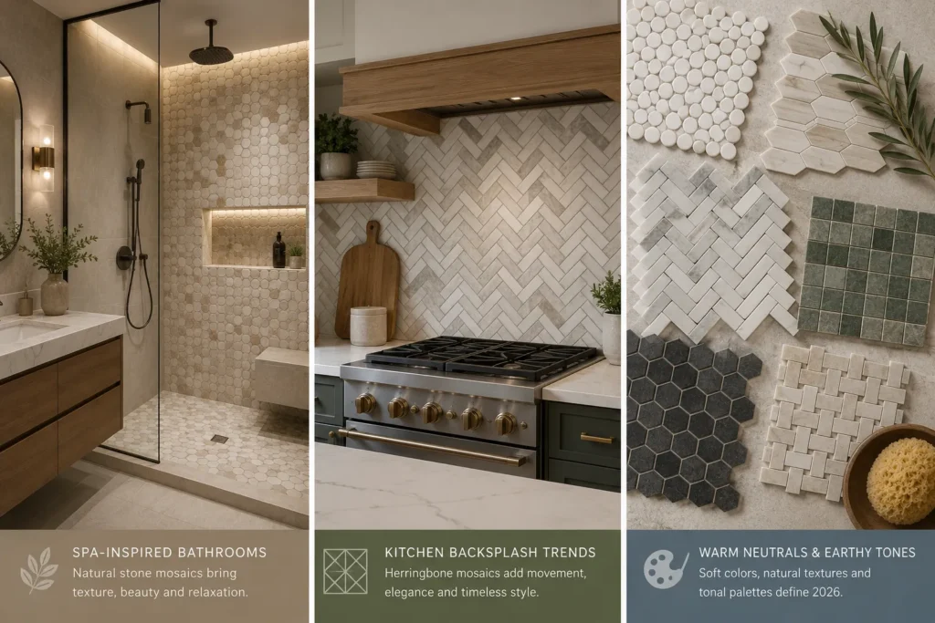 Mosaic Tile Trends 2026 featuring natural stone bathroom mosaics, herringbone kitchen backsplash, and warm neutral marble mosaic tile designs.