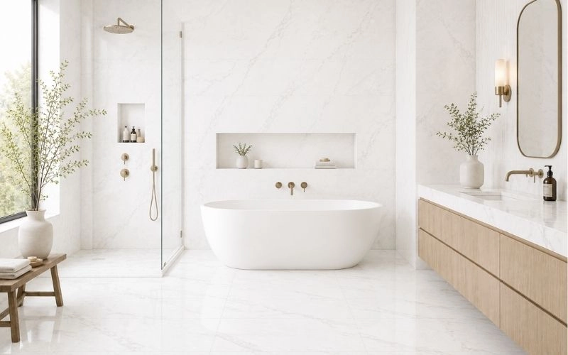 Luxury contemporary bathroom featuring premium natural Dolomite stone walls and flooring with luminous white tones and subtle gray veining