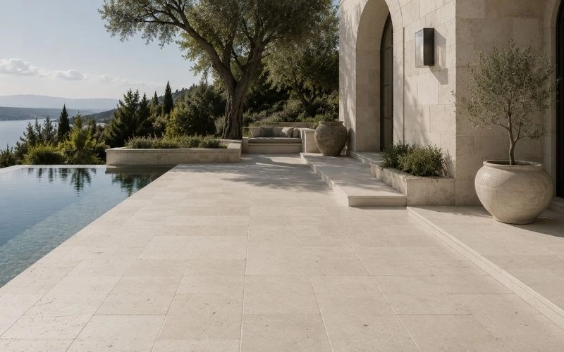 Luxury outdoor patio featuring premium natural limestone flooring with Mediterranean-inspired architecture and an infinity pool