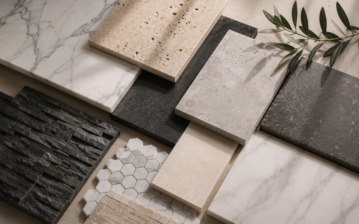 Premium marble, travertine, limestone, dolomite, basalt, and porcelain materials