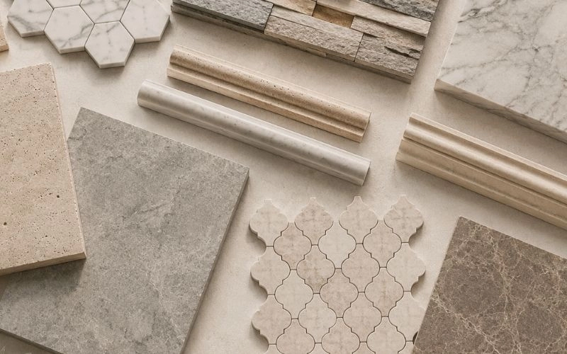 Natural stone product collection featuring marble mosaics, travertine tiles, ledgestone panels, moldings, pavers, and decorative stone surfaces