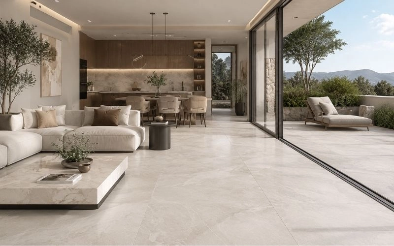 Modern living space with large-format porcelain floor tiles extending to an outdoor patio