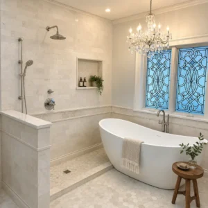 Luxury bathroom featuring Vanilla 1" Honed Hexagon Marble Mosaic Tile on the shower floor with natural cream marble walls and a freestanding soaking tub.