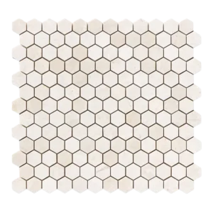 Vanilla Marble 1" Honed Hexagon Mosaic Tile – Natural cream marble mosaic on a 12x12 mesh-mounted sheet.