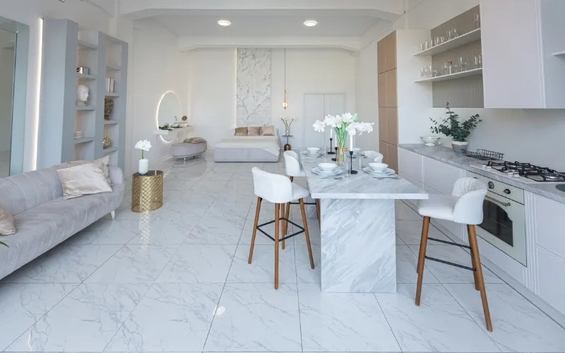 12x24 marble floor tiles installed in a refined interior with natural stone veining