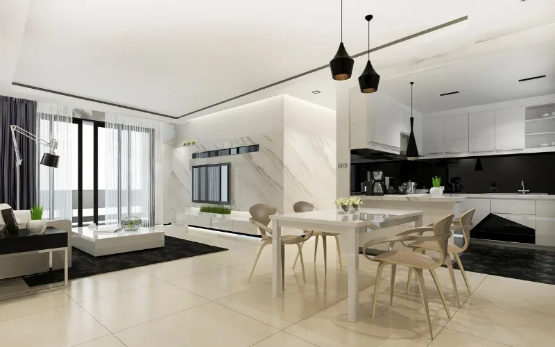 Beige marble floor tiles installed in an elegant living room with warm natural veining