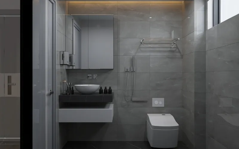 Gray marble wall tiles installed in a contemporary bathroom with natural veining