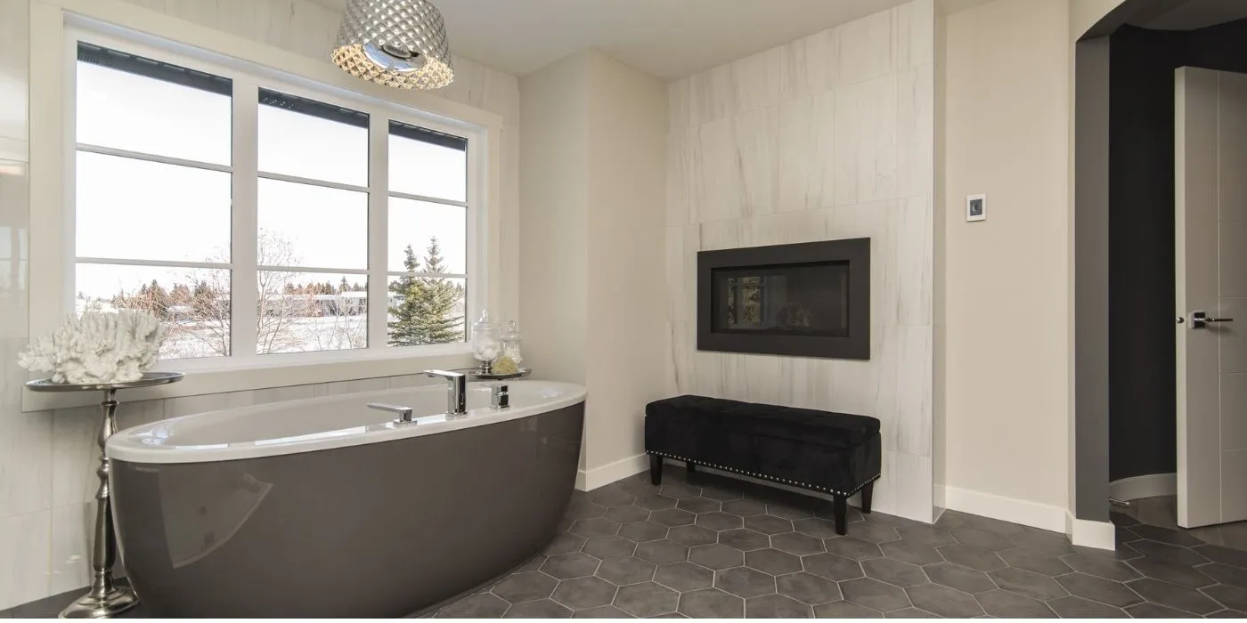 Modern interior featuring porcelain tile in bathroom and kitchen design