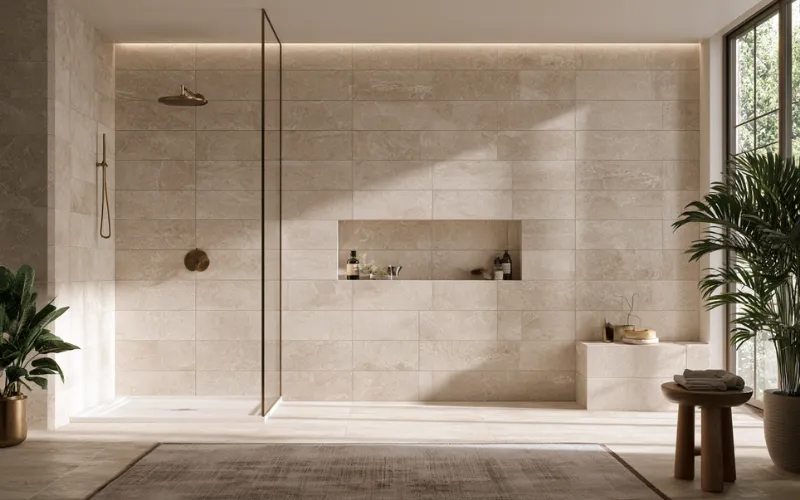 Porcelain bullnose tile trim creating finished edges around a tiled shower niche