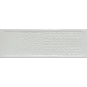 Happy Floors Titan Pearl Deco 4x12 glossy ceramic tile with a pressed edge.