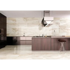 Athena Miel Rodas light beige 24x48 rectified tile installed on modern kitchen wall and floor