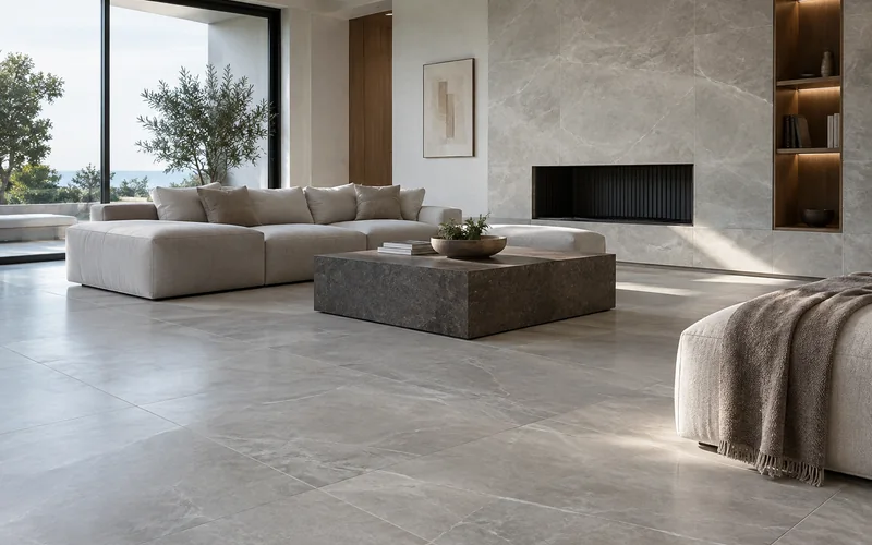 Modern neutral interior featuring large-format porcelain tile flooring and walls