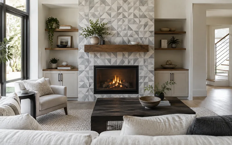 Modern living room with a geometric mosaic accent wall framing the fireplace