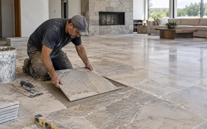 Natural stone tile installation showing varied tones and veining in a modern interior