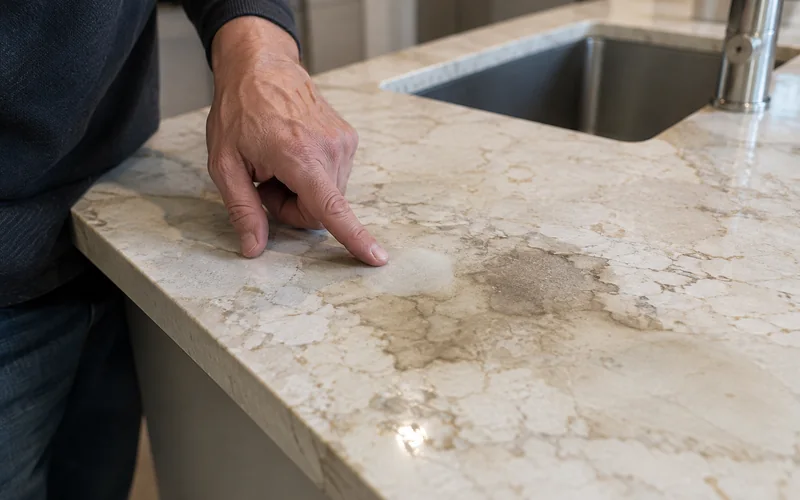 Close-up of a natural stone countertop being inspected for discoloration and surface changes