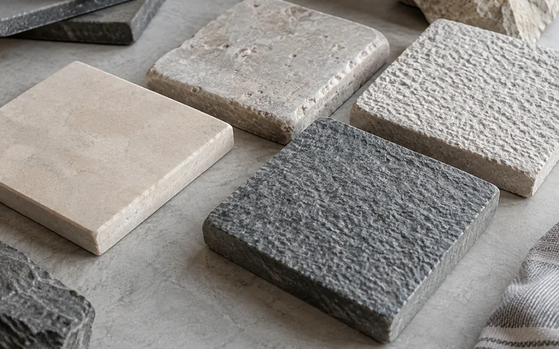 Natural stone samples showing varied matte, softened, tactile, and textured finishes