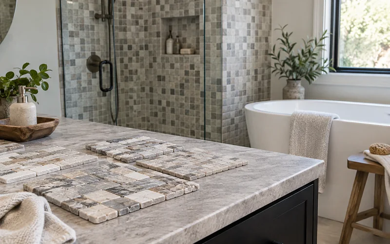 Natural stone mosaic wall in a modern bathroom with sample sheets arranged for layout planning