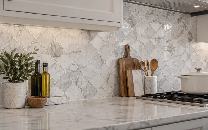 Polished marble mosaic backsplash with an arabesque pattern in a modern kitchen