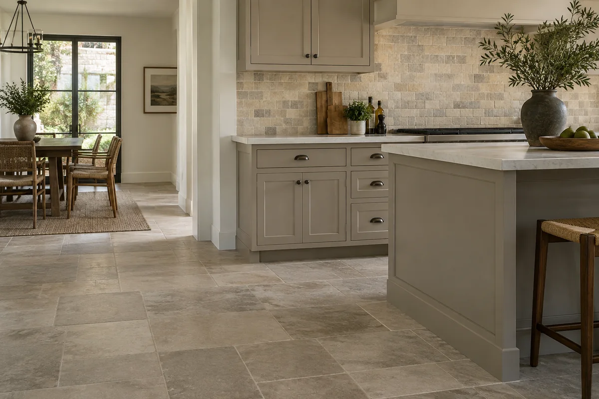 Neutral interior combining a matte stone floor with a softly aged stone backsplash