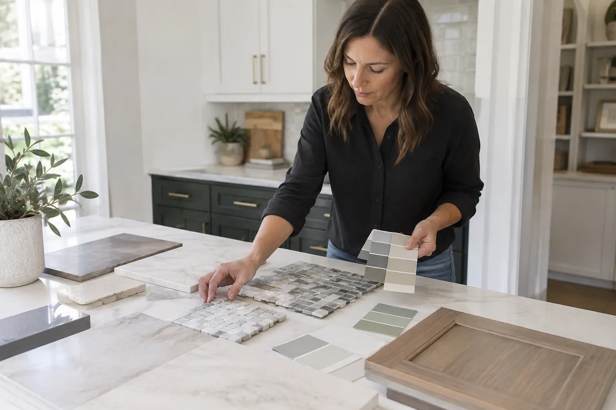 Mosaic tile samples arranged with paint, countertop, and cabinetry finishes