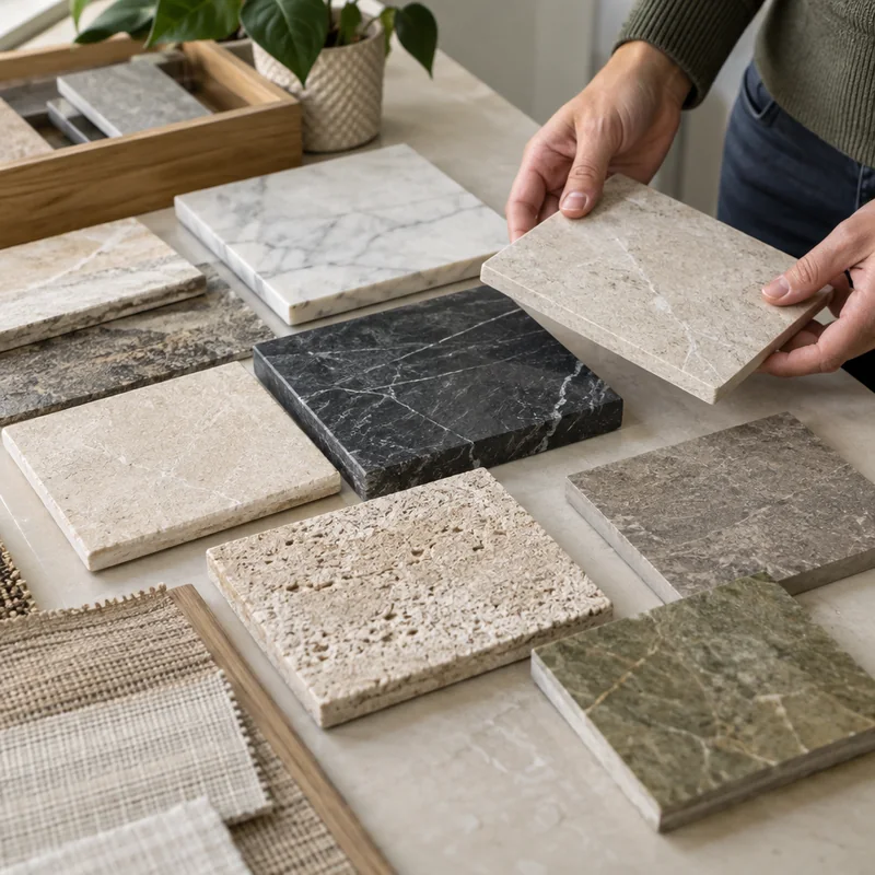 Natural stone samples displayed together with varied shades, veining, and surface textures