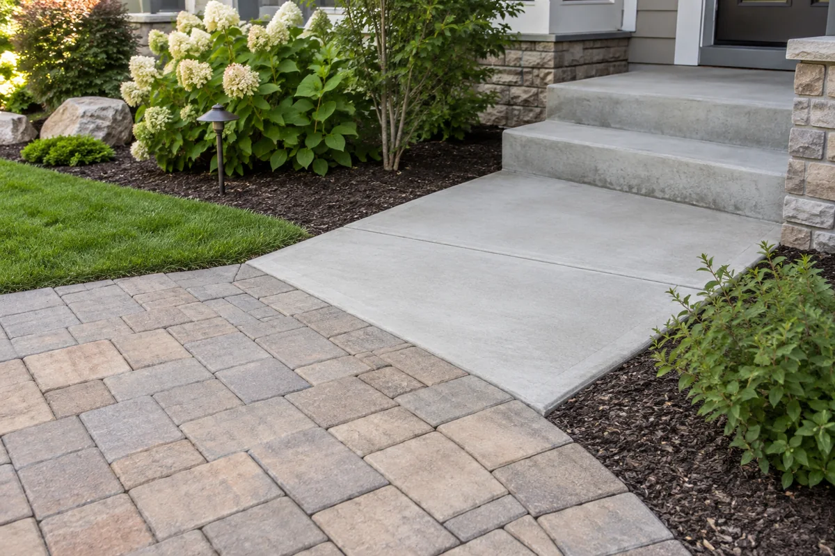 Paver patio transitioning to a concrete walkway and outdoor steps