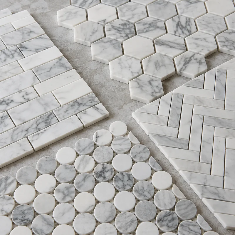 Close view of polished marble mosaic pieces showing natural veining and grout joints