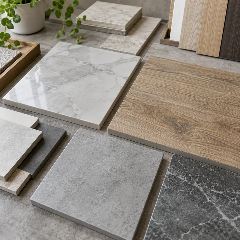Porcelain tile samples displaying varied finishes and stone, wood, and concrete-inspired designs
