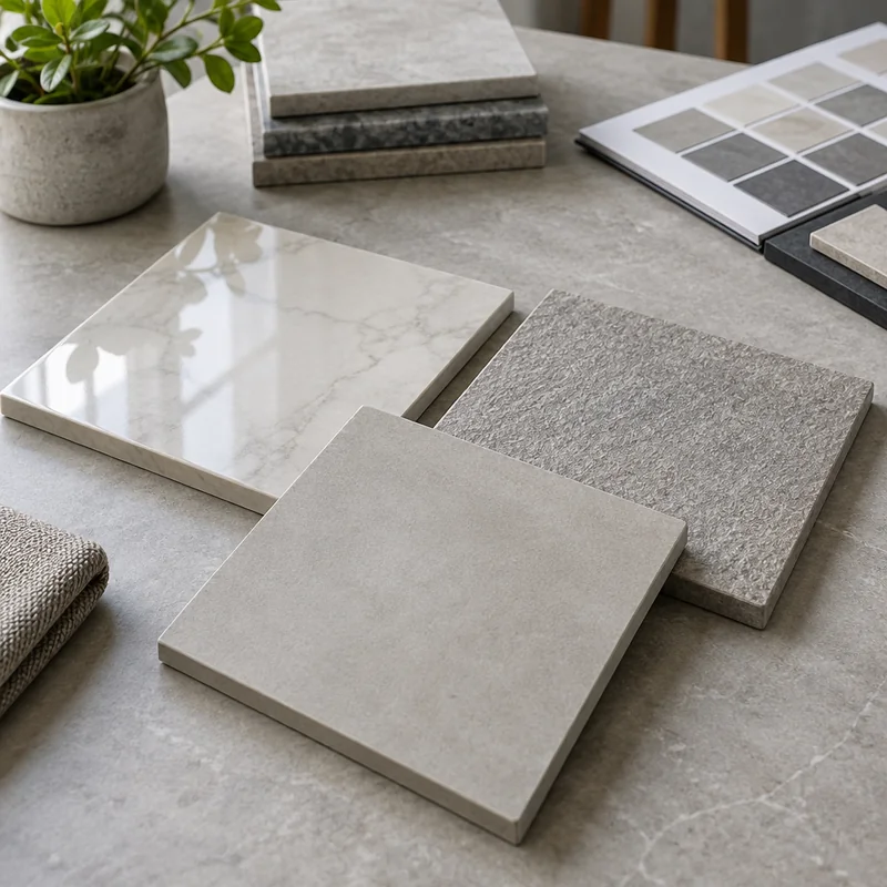 Porcelain tile samples displaying polished matte and textured surface finishes