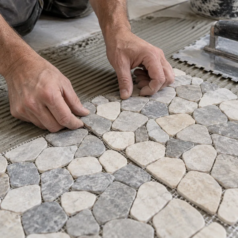 Hands adjusting adjoining natural stone mosaic sheets to blend the seam
