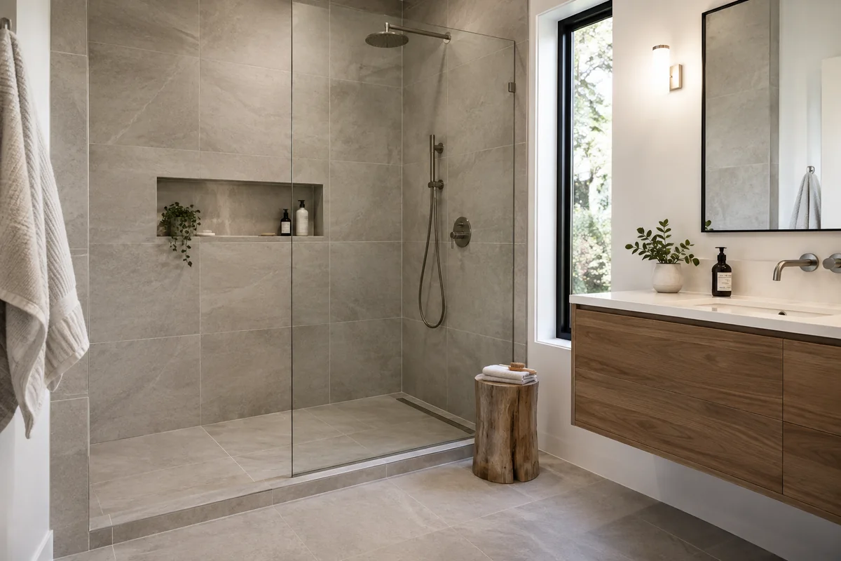 Contemporary bathroom with coordinated porcelain tile walls and flooring